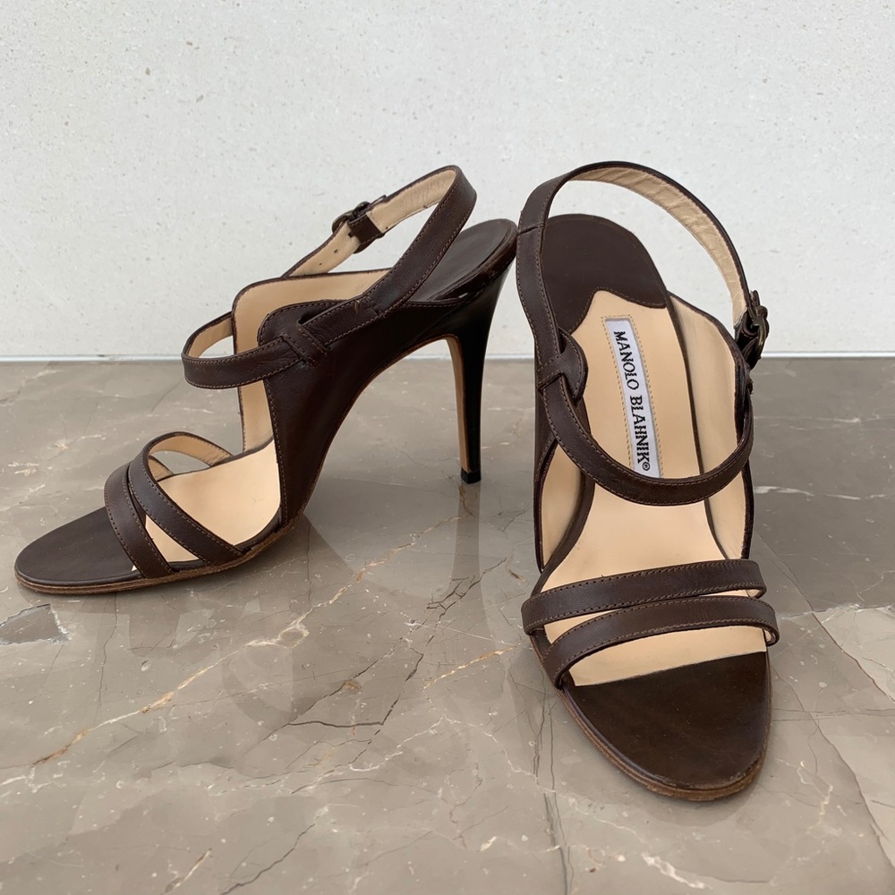 Manolo Blahnik Brown Leather Strappy Sandals, 36.5